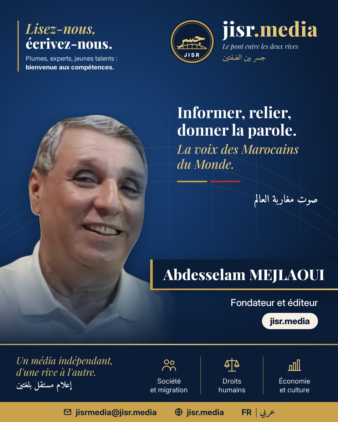 Affiche de la campagne « Lisez-nous, écrivez-nous » — Abdesselam Mejlaoui, fondateur et éditeur de jisr.media