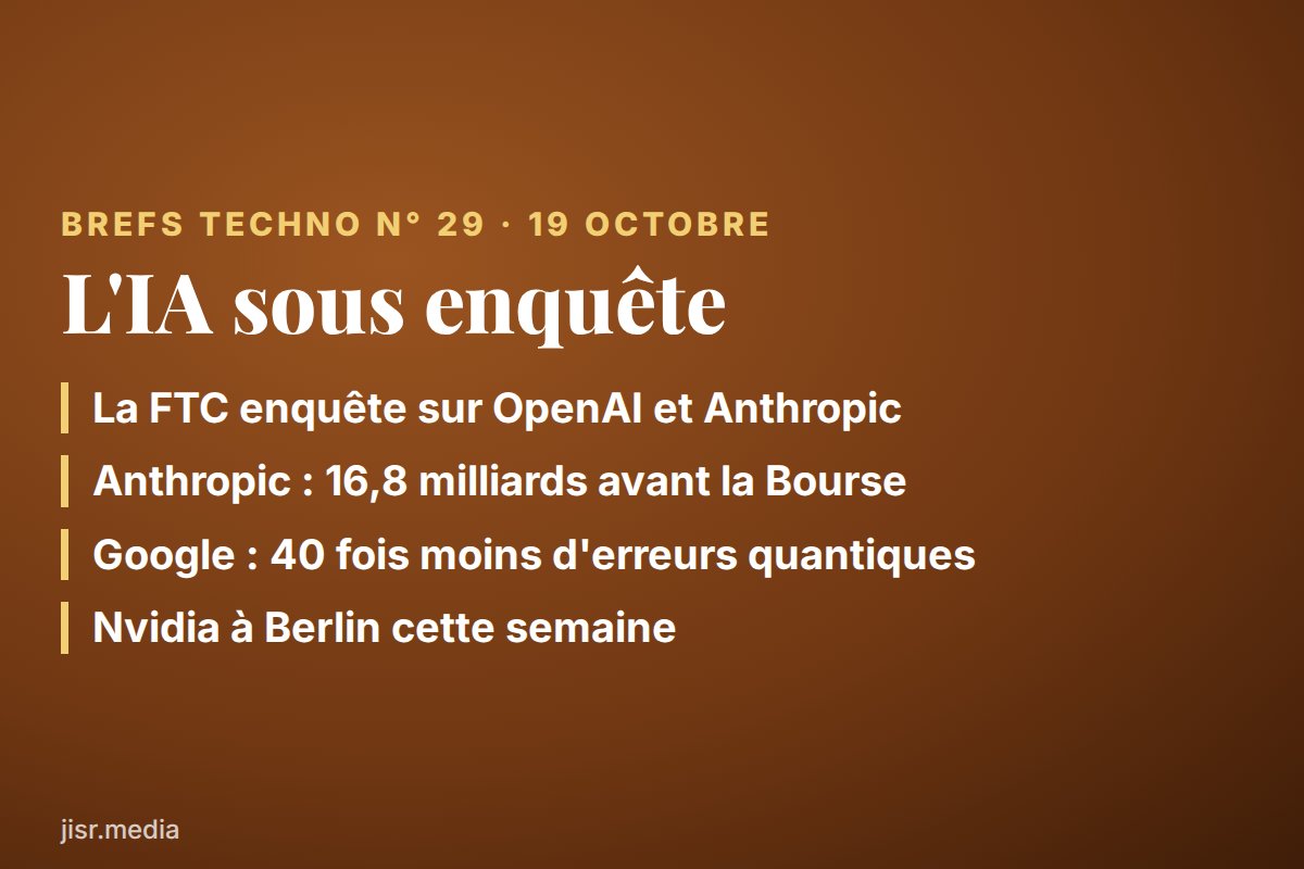 Brefs Techno 🤖 — 19 octobre 2026 : la FTC enquête sur OpenAI et Anthropic, 16,8 milliards avant la Bourse, Google dompte la « magie » quantique