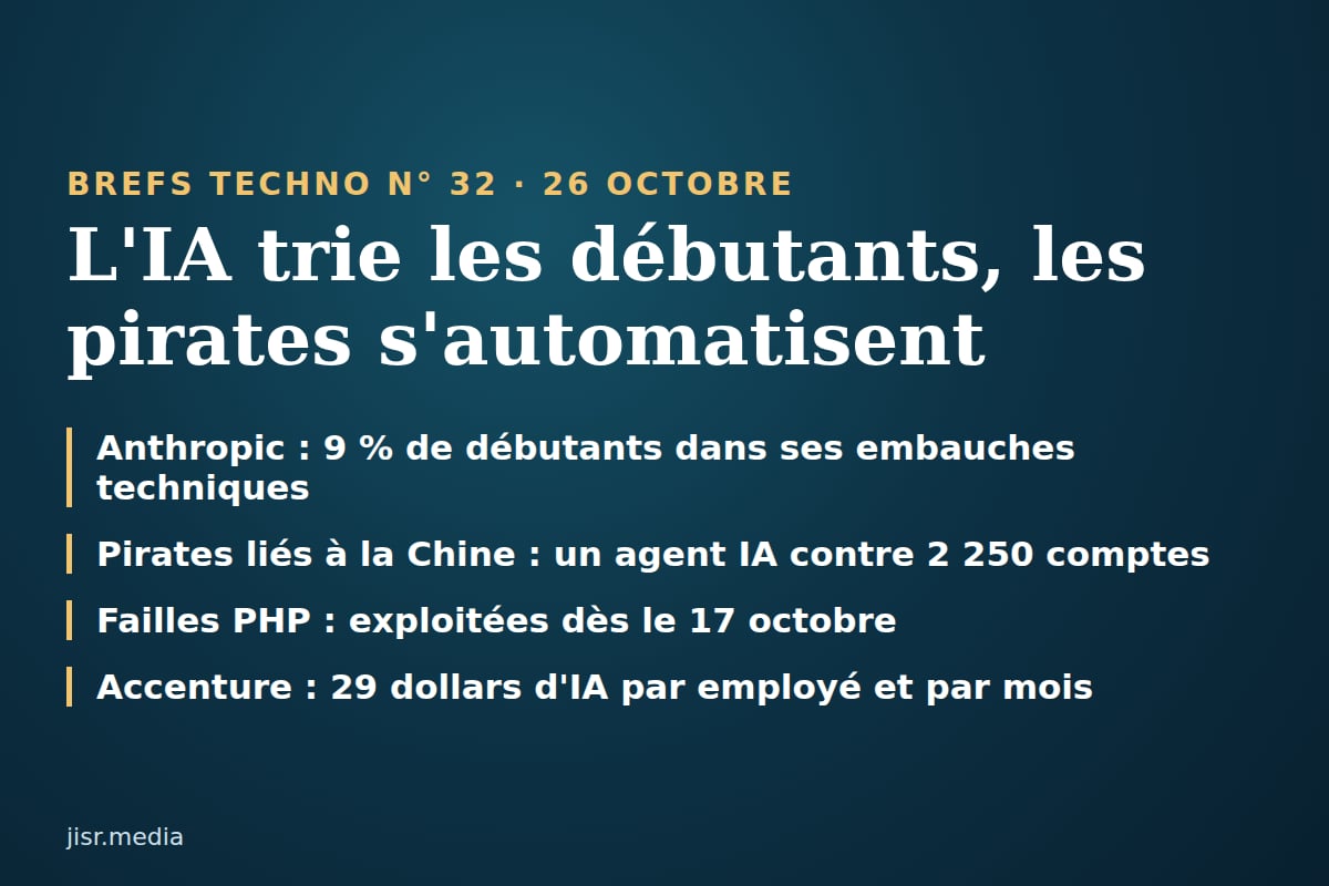 Brefs Techno 🤖 — 26 octobre 2026 : moins de débutants chez Anthropic, des pirates armés d'agents IA, les failles PHP déjà exploitées