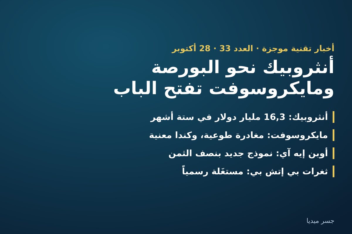 أخبار تقنية موجزة 🤖 — 28 أكتوبر 2026: «أنثروبيك» تطلب دخول البورصة، «مايكروسوفت» تعرض المغادرة الطوعية حتى في كندا، «أوبن إيه آي» تخفض أسعارها