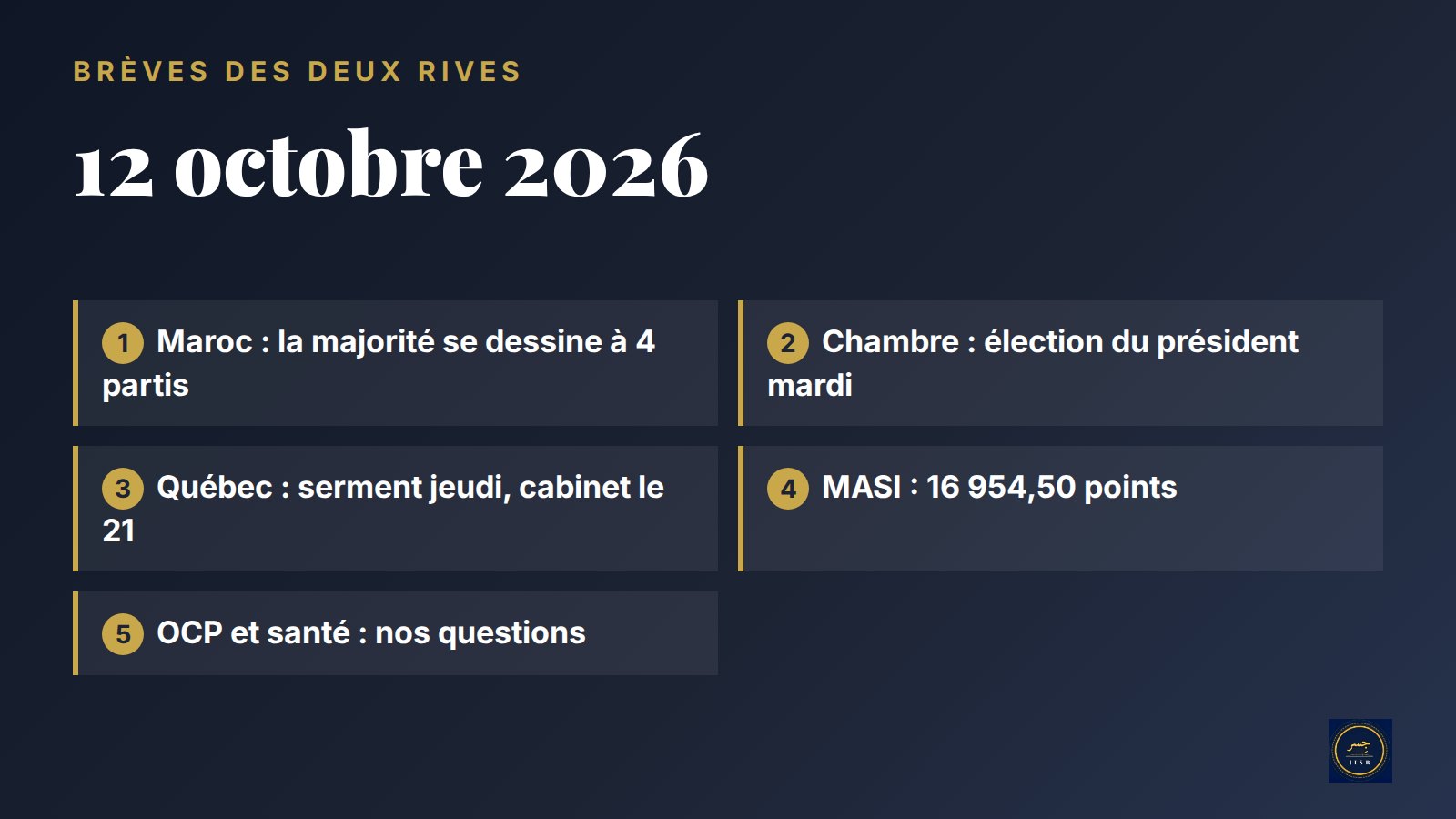 Chambre à Rabat, cabinet à Québec : brèves du 12 octobre