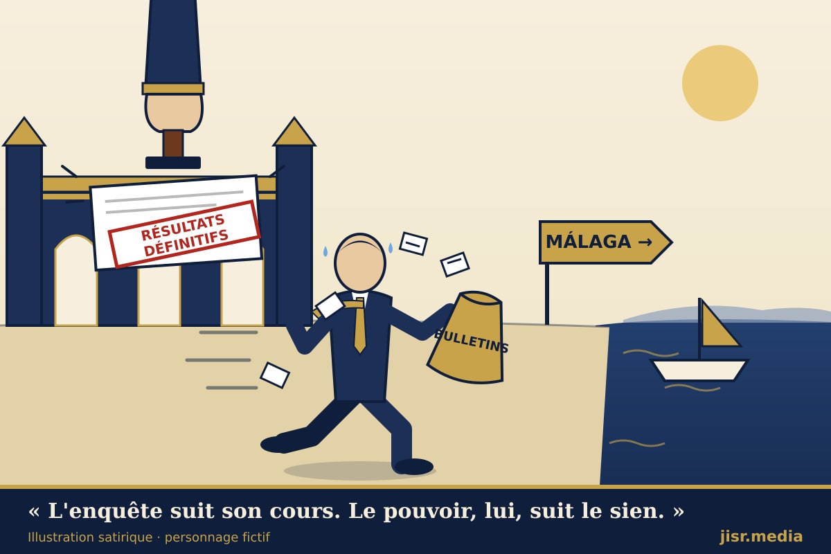 Caricature : un personnage fictif fuit vers Málaga avec un sac de bulletins, pendant que tombe le tampon « Résultats définitifs »